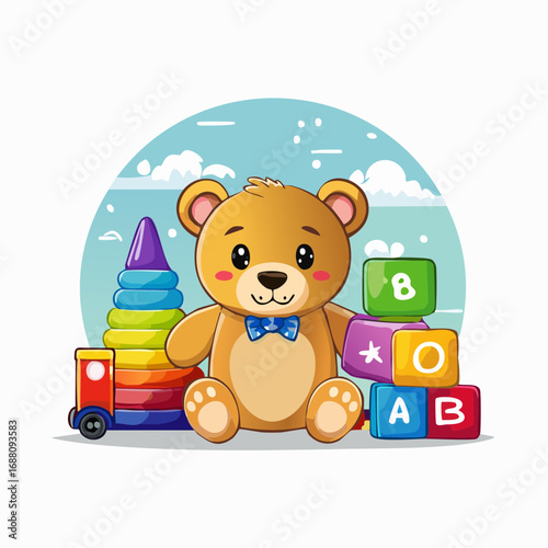 Child's Play: An adorable teddy bear surrounded by an array of colorful building blocks and engaging toys, perfectly captures the essence of innocent childhood, fun, and learning.