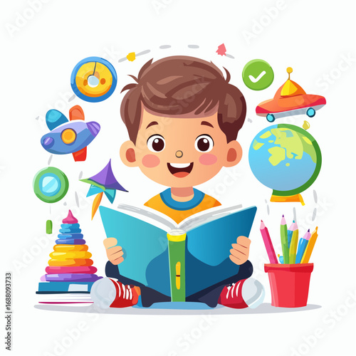Young Reader's Imagination: A bright-eyed young child lost in the pages of a captivating book, surrounded by whimsical illustrations of the boundless worlds that reading unlocks.