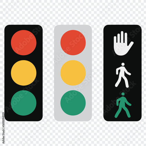Traffic and Pedestrian Signal Icons – Vertical Comparison of Road Safety Lights and traffic light icons, pedestrian signal illustration, road safety symbols, stoplight vector, walk signal design, 