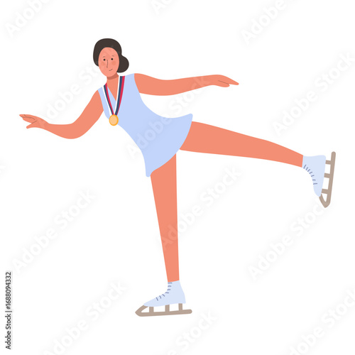 Champion Female Ice Skater Performing Gracefully, Gold Medal in Hand on Ice
