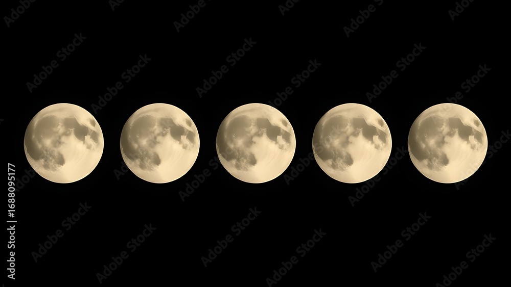 Naklejka premium Five moon phases each depicting a unique scientific phenomenon artistically.