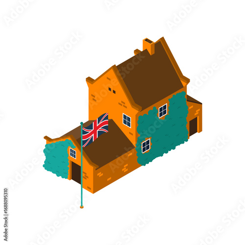 British Flag Flying Outside an Old Brick House with Greenery