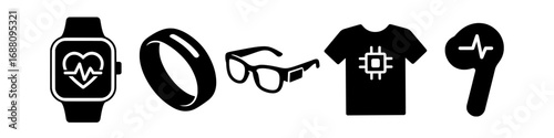 Minimal Black and White Wearable Technology Vector Icons – Smartwatch, Smart Ring, Smart Glasses, Smart Clothing, Smart Earbud