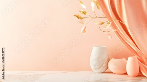 Elegant Peach and Gold Still Life with Marble Vases and Draped Fabric