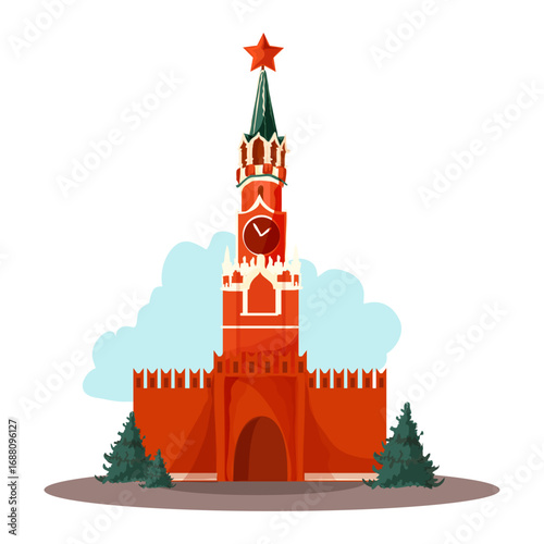 Iconic Red Square Tower with Clock and Red Star, Symbol of Moscow and Russia