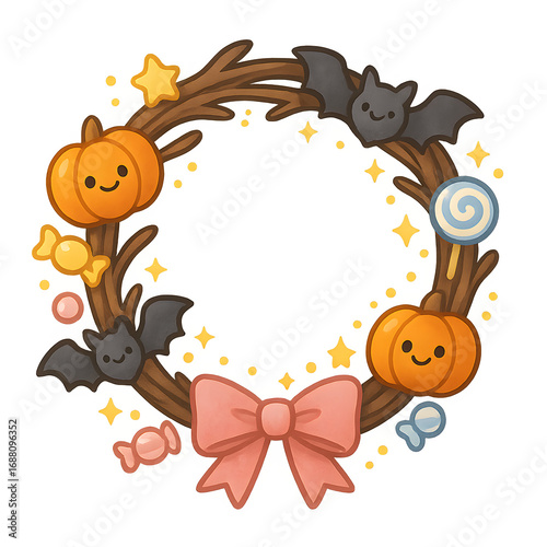 Kawaii Halloween Wreath PNG | Chibi Twig Wreath with Pumpkins, Bats and Candy