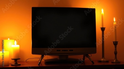 Dark TV with Candles, and Cozy Room.