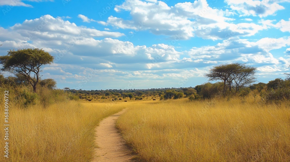 Obraz premium Scenic pathway through tanzanian grassland under a blue cloudy sky