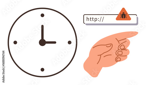 Clock, pointing hand, and malware alert in web link highlight urgency, cybersecurity, risk warning, decision-making, time sensitivity, and digital vigilance. Ideal for tech awareness and safety