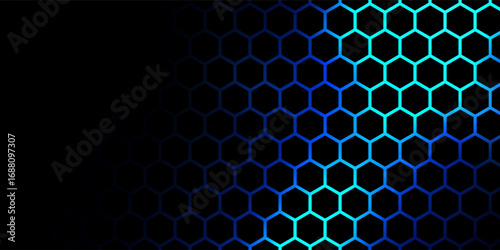 Abstract hexagon pattern on black background. Vector realistic illustration of medical science or communication technology presentation template, neon blue chemical structure, Eps10