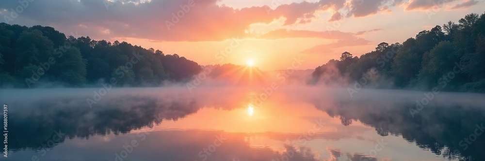 Obraz premium Serene sunrise over a tranquil lake, mist rising, soft light illuminating the scene Perfect for themes of peace, mindfulness, and gentle spirituality , mindfulness, lake