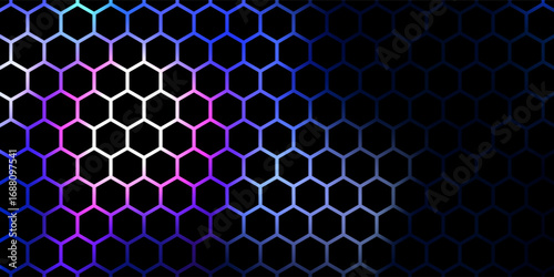 Abstract hexagon pattern background - futuristic sci fi honeycomb grid, glowing blue neon lines on dark. Geometric vector graphic design for digital interfaces, HUD displays and gaming backdrops. 