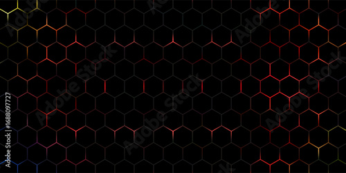 Dark black hexagon pattern on red, orange neon abstract background in technology style. Modern futuristic geometric shape web banner design. You can use for cover template, poster. Eps10