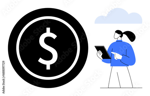 Young woman holding a tablet and pointing while analyzing finances near a large dollar sign. Ideal for business, finance management, investment, fintech, savings, budgeting, simple landing page