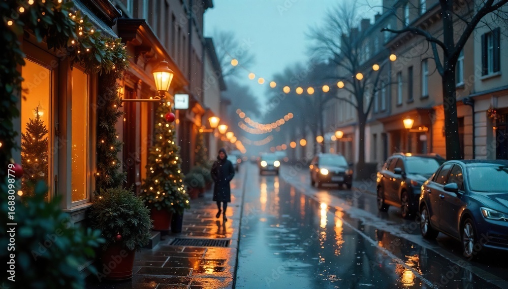 Fototapeta premium Rainy day, holiday decorations, festive spirit dampened by weather Perfect for blogs about cozy holidays, seasonal depression, or unexpected weather , season, reflective, calm