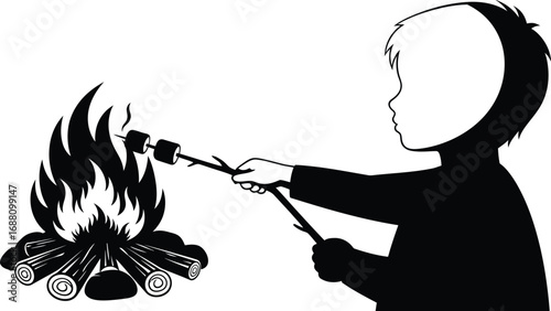 A child roasting marshmallows over a campfire, capturing warmth, joy, and simple pleasures of outdoor adventures