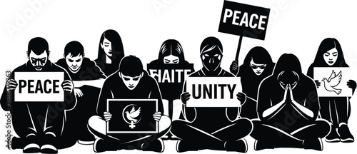 Diverse group of people sitting in meditation with signs promoting peace, unity, and faith, a symbol of harmony and understanding