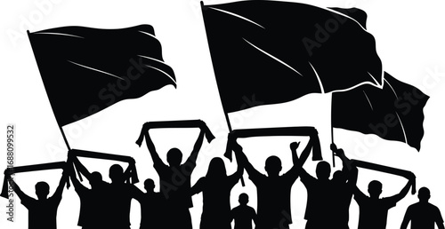 Silhouette of a crowd of people protesting with flags and banners, symbolizing activism, revolution, and social change