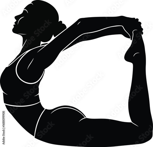 A woman in dancer pose, showcasing flexibility and strength, a silhouette against a, highlighting beauty of yoga