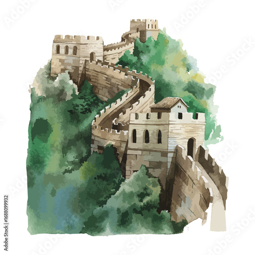 Watercolor painting of the Great Wall of China snaking over lush green mountains