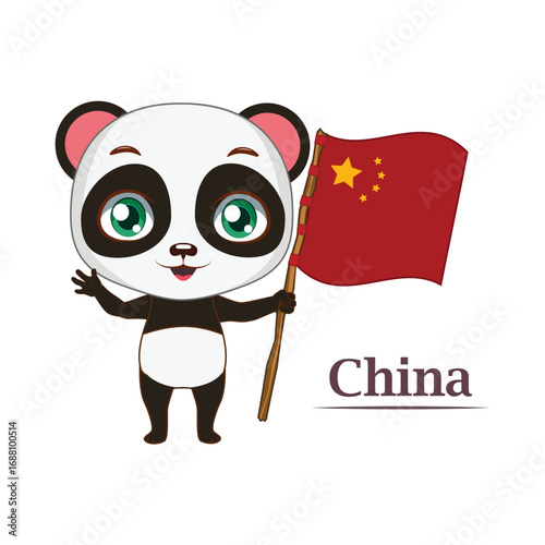 Cute cartoon panda character proudly holding the national flag of China with a cheerful expression