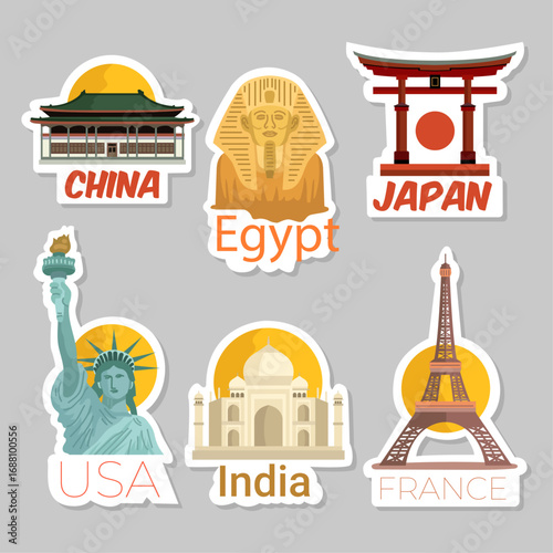 Set colorful travel sticker collection featuring famous world landmarks and monuments