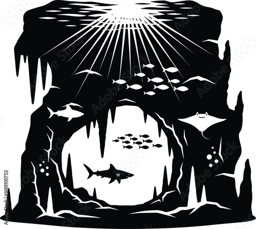 Silhouette of an underwater cave with marine life, a glimpse into mysterious depths of ocean