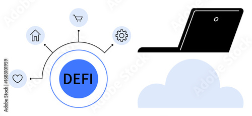 Circular DEFI hub with icons for home, shopping, gear, and heart symbolizing sectors, next to laptop on cloud background. Ideal for fintech, blockchain, cloud computing, decentralization innovation