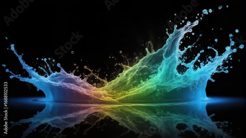 Water splash abstract on black background with blue and green hues