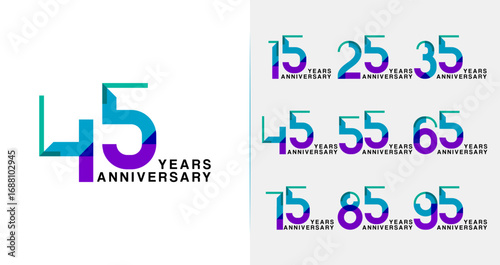 Set of modern anniversary logo design. Number symbol with shape and line for futuristic celebrations. Creative digital birthday vector icon