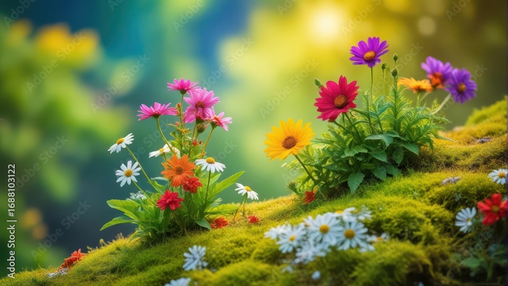 Obraz premium Wildflowers on mossy rocks