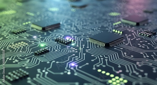 Close-up of a circuit board with chips and components.