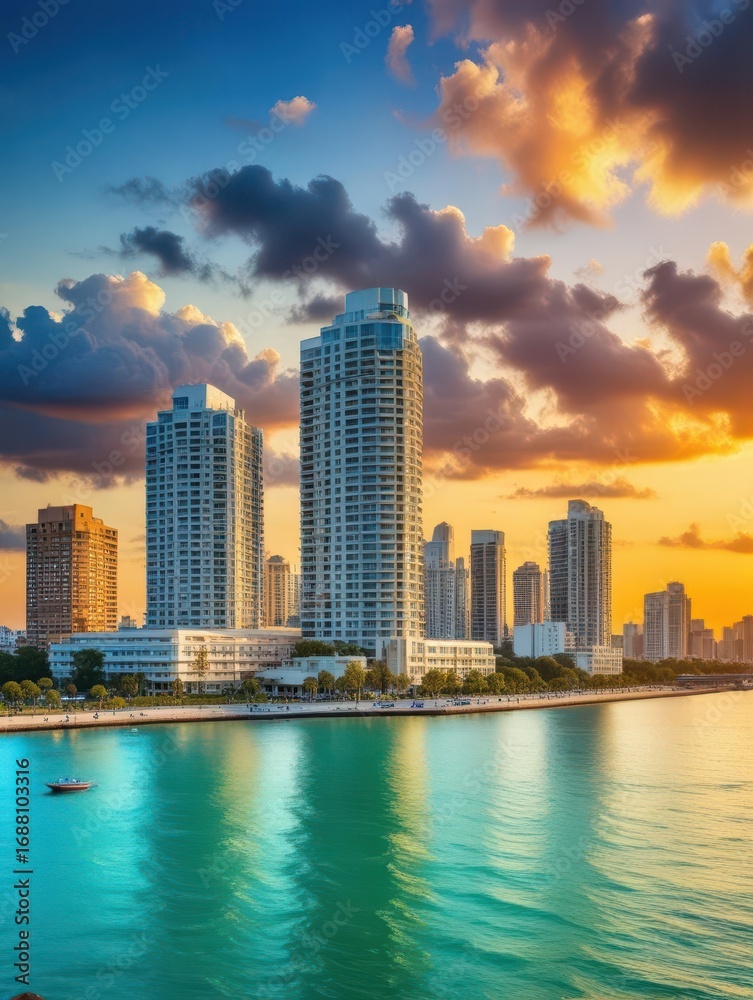 Obraz premium Miami skyline at sunset with turquoise ocean and art deco architecture