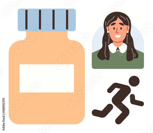 Pill bottle, female portrait, running figure emphasizing health, wellness, self-care, fitness, balanced lifestyle, medication benefits, physical activity preventive care and simple flat metaphor