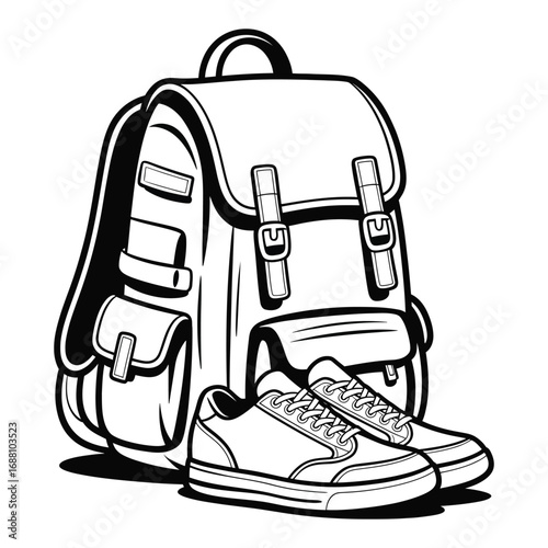 Outline drawing of travel backpack and sneakers, black sketch icon set for hiking and adventure design