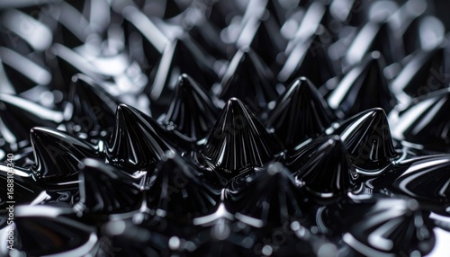 Close up ferrofluid spikes under magnetic field glossy black dramatic wallpaper background representing science texture detail suitable for abstract design