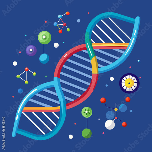 “Vector illustration of DNA double helix with labeled nucleotides, molecular biology concept diagram”