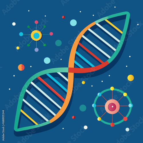 “Vector illustration of DNA double helix with labeled nucleotides, molecular biology concept diagram”