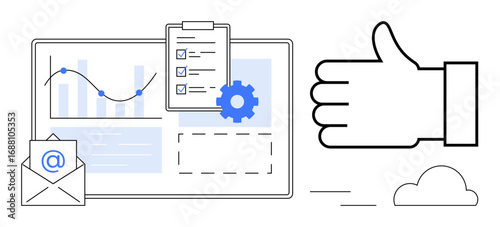 Digital dashboard displays analytics chart, checklist clipboard, cogwheel, email envelope, thumbs-up sign, and cloud. Ideal for analytics, communication, workflow success productivity management