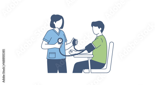 Medical professional measuring patient's blood pressure in a clinical setting, Suitable for healthcare campaigns, medical education, or promoting wellness checkups.