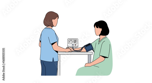 Nurse Checking Patient's Blood Pressure with Digital Monitor for Health Assessment and Preventative Care, Suitable for Medical Education, Healthcare Awareness Campaigns, and Clinical Settings.