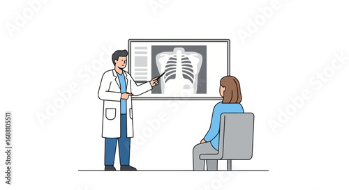 Healthcare professional analyzing chest X-ray for diagnosis and treatment planning in medical consultation settings, suitable for educational and healthcare awareness campaigns.