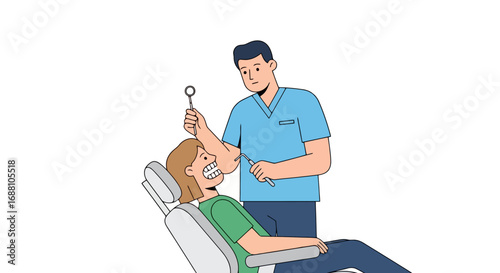 Dental Examination Illustration Depicting a Dentist Performing a Checkup on a Patient in a Clinic Setting, Suitable for Healthcare and Medical Education Material