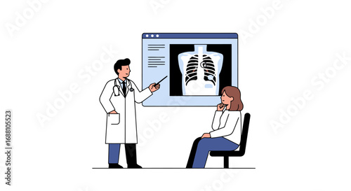 Medical consultation illustration featuring a doctor explaining a chest X-ray to a patient, ideal for health awareness campaigns, medical education materials, or healthcare service advertisements.
