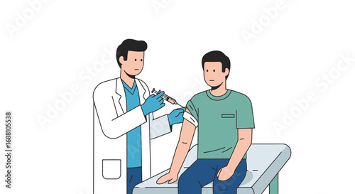 Doctor administering vaccine injection to patient. Suitable for illustrating medical procedures, healthcare, immunization campaigns, and disease prevention awareness initiatives.