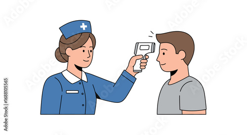 Healthcare Professional Using Non-Contact Thermometer to Check Patient's Temperature for Health Screening and Covid-19 Prevention Protocols