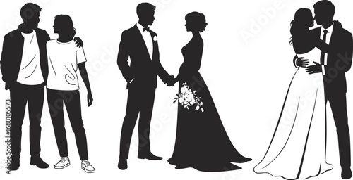 Couple silhouette illustration, casual love, wedding bride groom, romantic embrace, relationship vector design, romance art, CAD drawing flat vector illustration