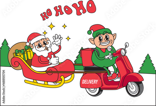 Santa Claus and cheerful elf delivering gifts together on a scooter during the festive holiday season.