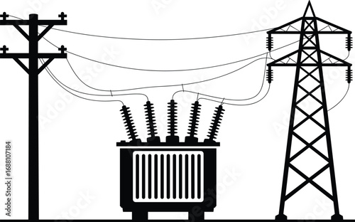 Electric power transformer with transmission tower, utility pole, high voltage lines, energy distribution system, cad drawing flat vector illustration