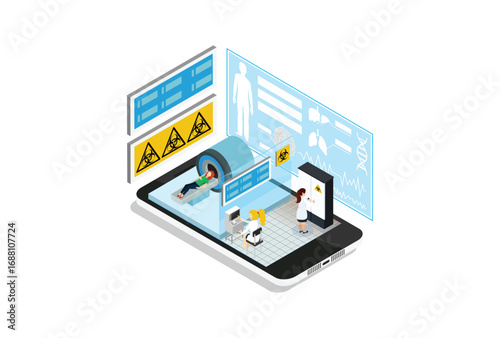Doctor looking at results of patient brain scan on the monitor screens in front of MRI machine with People lying down,  Suitable for Diagrams, Infographics, Game Asset, And Other Graphic Related Asset